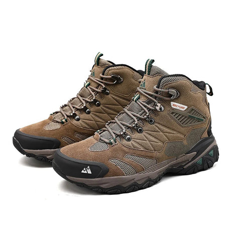 Two khaki HIKEUP hiking boots side by side on a white background, laced up