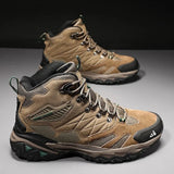 Pair of khaki HIKEUP hiking boots showing the padded collar, top lace hooks and heel pull loop