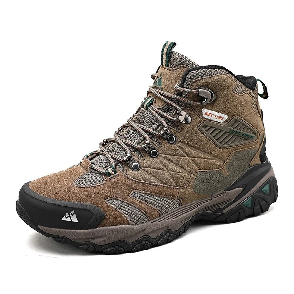 HIKEUP mid-height hiking boot in khaki: brown suede with mesh panels, black rubber toe bumper and lug sole