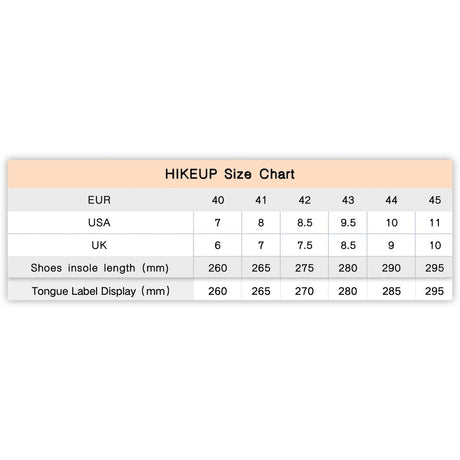 HIKEUP size chart: EU 40 to 45 with US and UK sizes, insole length and tongue-label foot length in mm