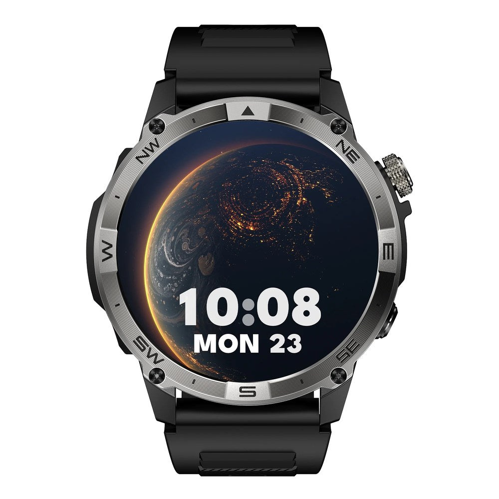 North Edge HK08 GPS smartwatch in black, front view of the round AMOLED screen on a black silicone strap