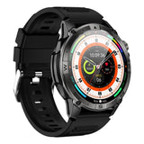 Black HK08 smartwatch from the side, showing the knurled crown, lower button and buckle
