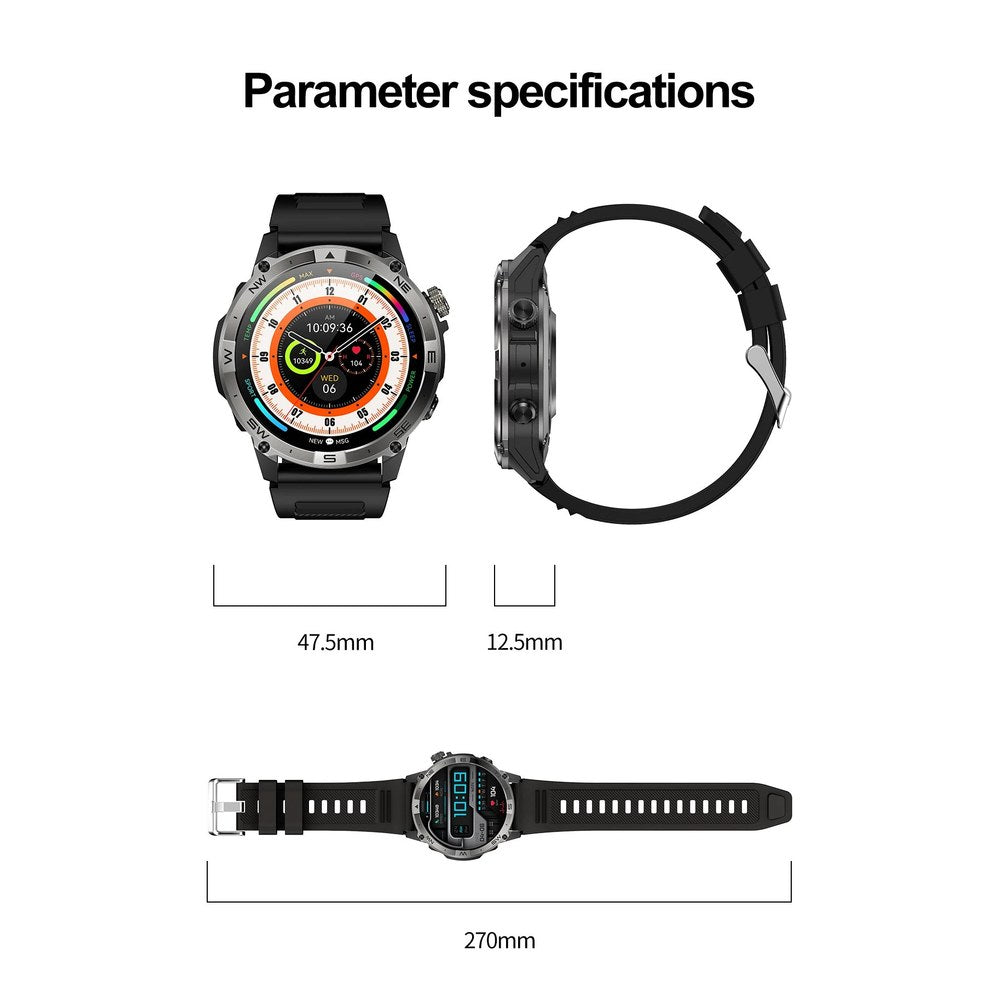 HK08 dimension drawing: case 47.5 mm across, 12.5 mm thick, 270 mm end to end with strap