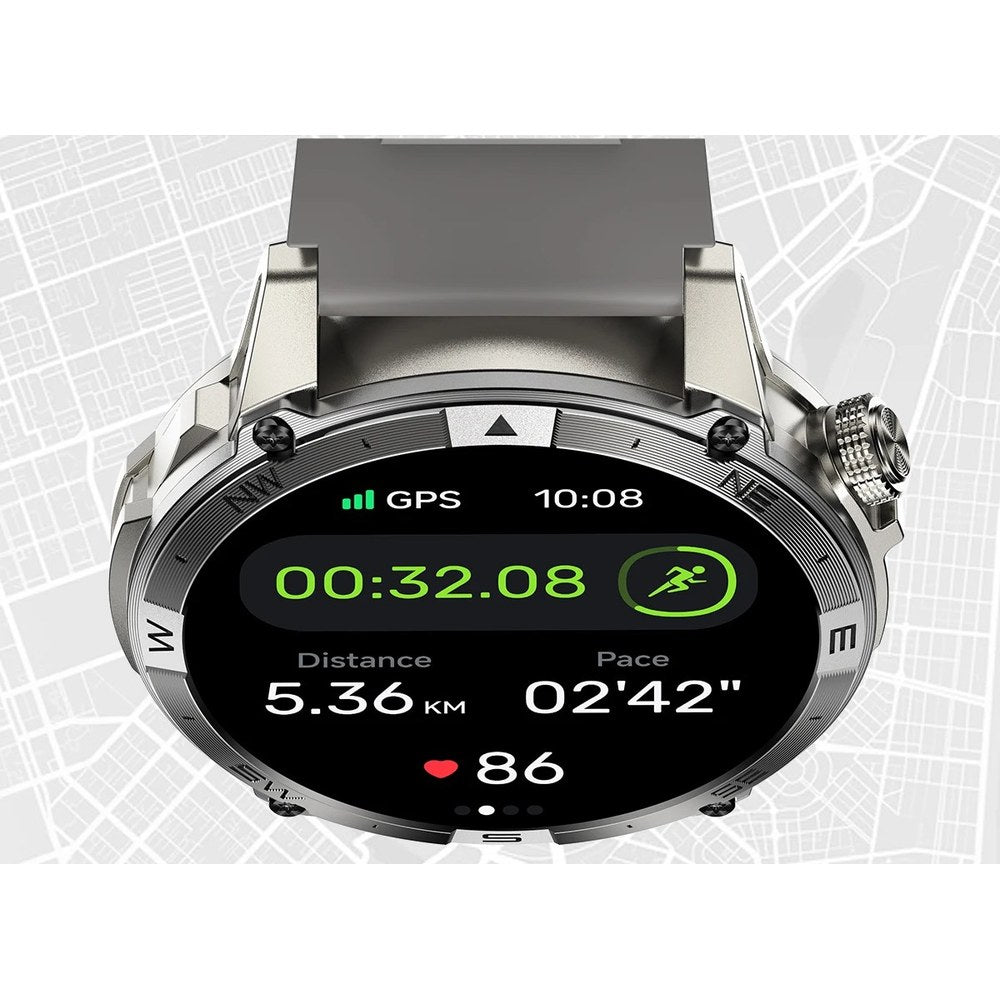 HK08 screen during a GPS workout showing time, 5.36 km distance, pace and heart rate