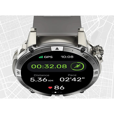 HK08 screen during a GPS workout showing time, 5.36 km distance, pace and heart rate