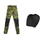 Green CP camouflage hooded-cut trousers with black knee panels, beside two black knee pads