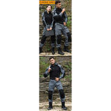 Grey hooded-cut shirt and trousers on two models, hood down, with black knee and elbow panels