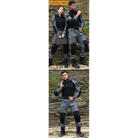 Grey hooded-cut shirt and trousers on two models, hood down, with black knee and elbow panels
