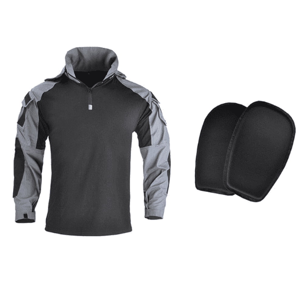 Grey hooded-cut shirt with black panels, beside its two black elbow pads