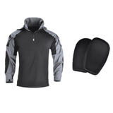 Grey hooded-cut shirt with black panels, beside its two black elbow pads