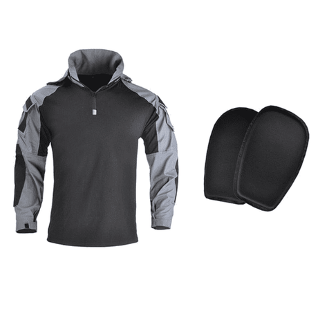 Grey hooded-cut shirt with black panels, beside its two black elbow pads