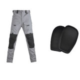 Light grey hooded-cut trousers with black knee panels, beside two black knee pads