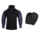 Navy hooded-cut shirt with black panels, beside its two black elbow pads