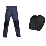 Navy hooded-cut trousers with black knee panels, beside two black knee pads