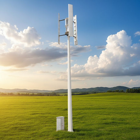 Three-blade H-type vertical axis wind turbine on a tall white pole mast in a garden setting, power lines behind - representative family photo