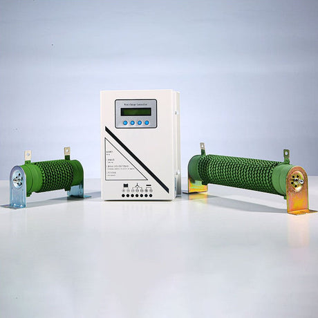 White wall-mounted WCMD pure-wind charge controller with LCD screen flanked by two green dump-load resistors - the pure-wind kit package