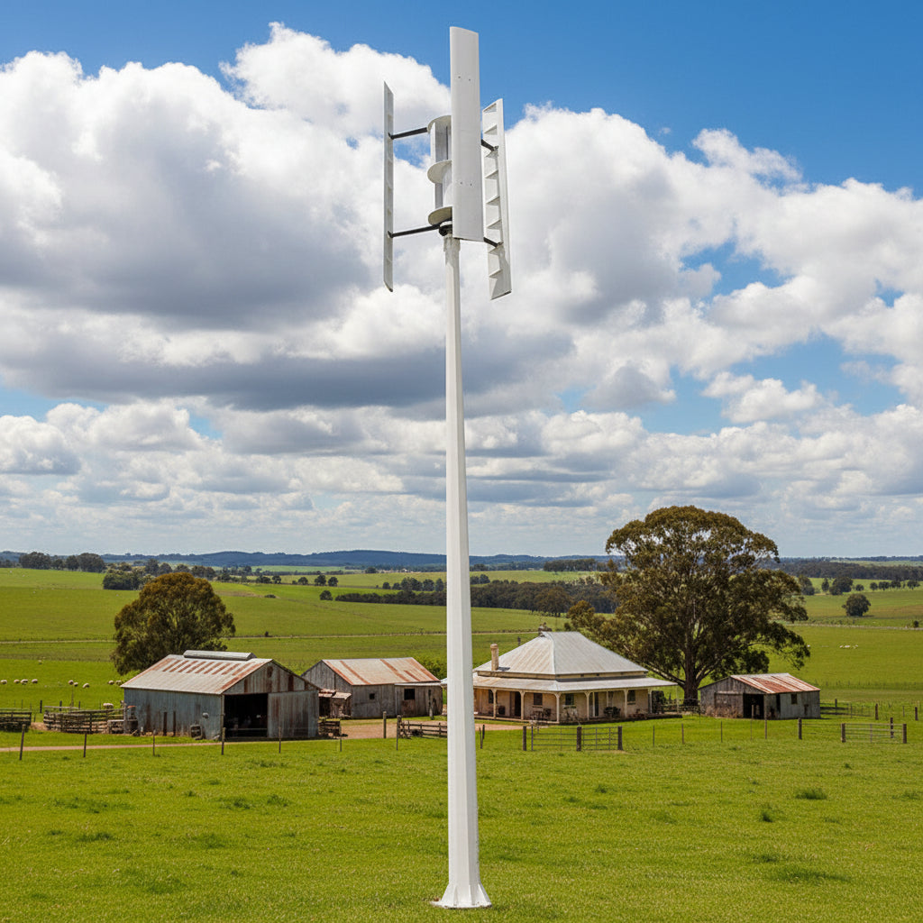 Three-blade H-type vertical axis wind turbine on a tall white pole mast in a garden setting, power lines behind - representative family photo