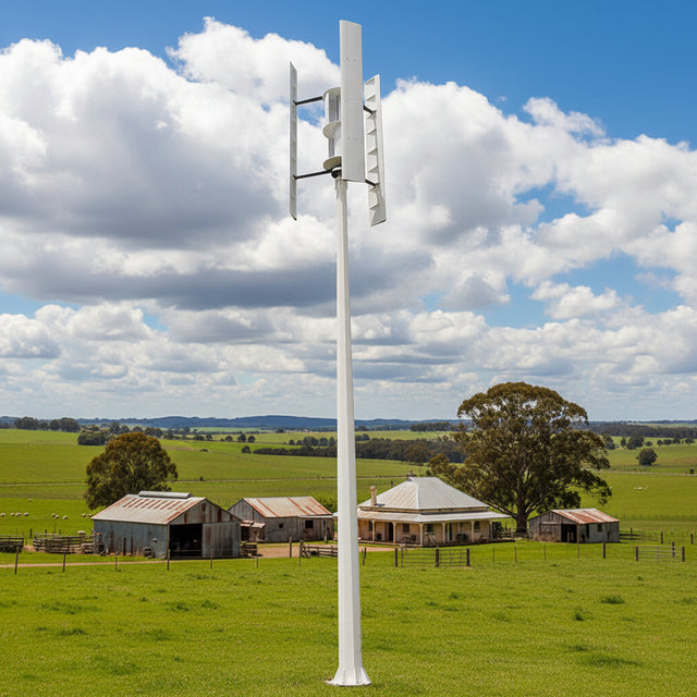 Three-blade H-type vertical axis wind turbine on a tall white pole mast in a garden setting, power lines behind - representative family photo