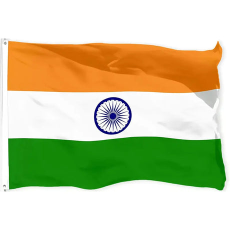 Indian flag in printed polyester: saffron, white and green with blue wheel; white header strip with metal eyelets at left