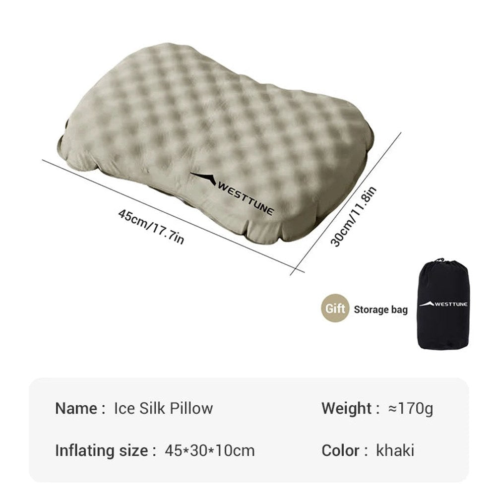 Khaki inflatable pillow, maker figures 45 by 30 by 10 cm inflated and about 170 g, with its storage bag