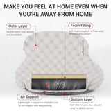 Cut-away of the pillow layers: smooth top fabric, foam layer, air chamber and a fleece-backed bottom