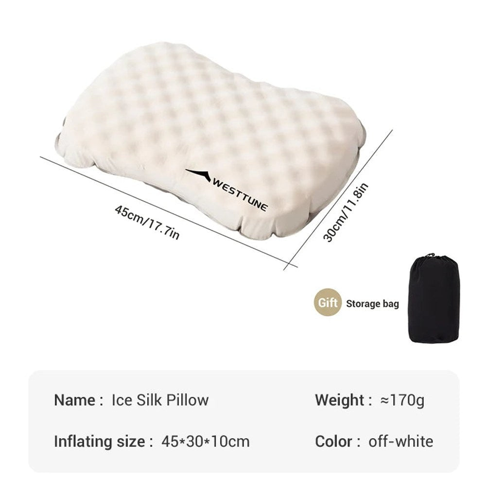 Off-white inflatable pillow, maker figures 45 by 30 by 10 cm inflated and about 170 g, with its storage bag