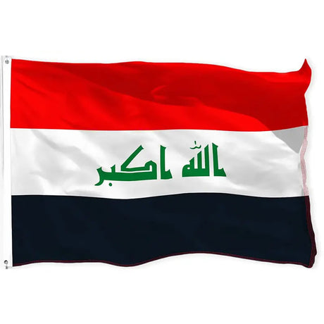 Iraqi flag in printed polyester: red, white and black with green Arabic script; white header strip with metal eyelets at left