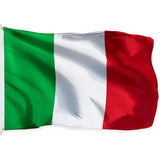 Italian flag in printed polyester: green, white and red; white header strip with metal eyelets at left
