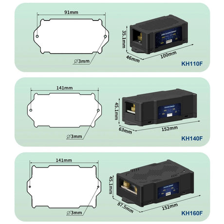Dimension drawings of the three shunt cases: KH110F 100 x 46 mm with holes 91 mm apart, KH140F 152 x 63 x 45.1 mm and KH160F 152 x 87.5 x 45.1 mm, both with holes 141 mm apart