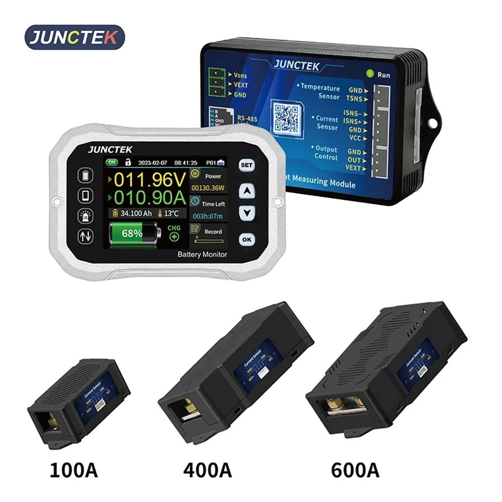 JUNCTEK display and measuring module above the three shunt cases you choose between, labelled 100 A, 400 A and 600 A, from small to large