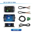 The KH110F 100 A kit laid out: colour display, blue measuring module, the smaller black cased shunt, two connecting leads, display cable, temperature probe and green 3-pin power plug