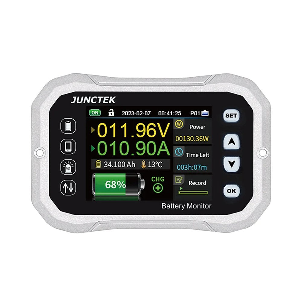 JUNCTEK KH140F battery monitor display in its silver bezel, showing 11.96 V, 10.90 A, 68% charge, 34.1 Ah left and power, time-left and record readouts beside SET, up, down and OK buttons