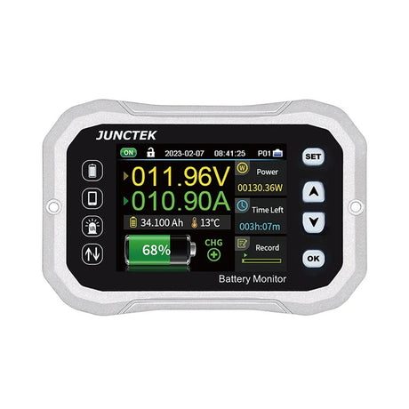 JUNCTEK KH140F battery monitor display in its silver bezel, showing 11.96 V, 10.90 A, 68% charge, 34.1 Ah left and power, time-left and record readouts beside SET, up, down and OK buttons