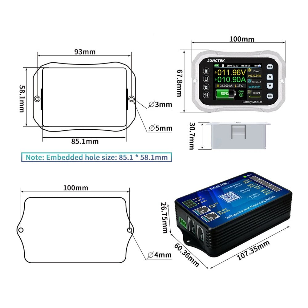 Dimension drawing: the display is 100 x 67.8 x 30.7 mm with an 85.1 x 58.1 mm panel cut-out, and the measuring module is 107.35 x 60.36 x 26.75 mm with 4 mm fixing holes 100 mm apart
