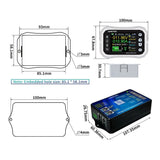 Dimension drawing: the display is 100 x 67.8 x 30.7 mm with an 85.1 x 58.1 mm panel cut-out, and the measuring module is 107.35 x 60.36 x 26.75 mm with 4 mm fixing holes 100 mm apart