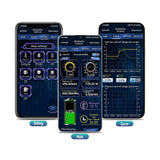 Three phone screens from the KH-F app: settings menu, main page showing 11.99 V, 14.20 A, 49% and 34 h 59 min left, and the live voltage and current curve
