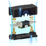 Exploded view of a cased shunt (the render shows the 500 A shunt): black lid with the current-sensor socket, the shunt bar and circuit board, brass studs, nuts and washers, and the base