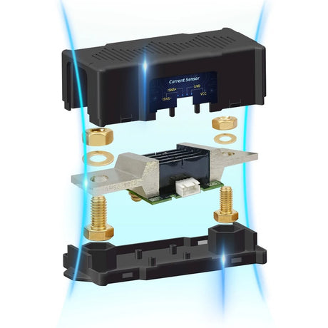 Exploded view of a cased shunt (the render shows the 500 A shunt): black lid with the current-sensor socket, the shunt bar and circuit board, brass studs, nuts and washers, and the base