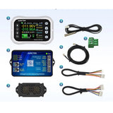 Numbered contents of the KH140F box: 1 display, 2 measuring module, 3 shunt in its case, 4 temperature probe, 5 green 3-pin plug, 6 display cable, 7 3-pin lead, 8 4-pin lead