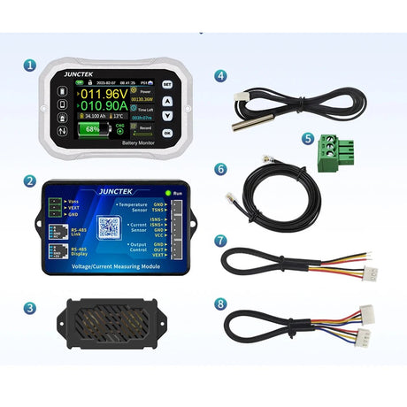 Numbered contents of the KH140F box: 1 display, 2 measuring module, 3 shunt in its case, 4 temperature probe, 5 green 3-pin plug, 6 display cable, 7 3-pin lead, 8 4-pin lead