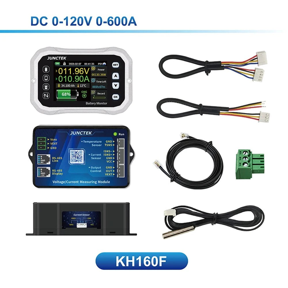 The KH160F 600 A kit laid out: colour display, blue measuring module, black cased shunt, two connecting leads, display cable, temperature probe and green 3-pin power plug
