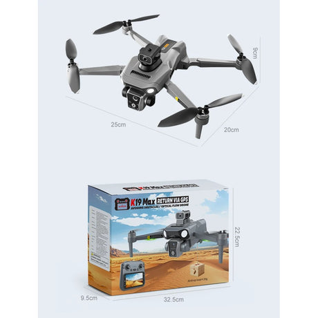 K19 Max drone unfolded at 25 by 20 by 9 cm, and its retail box