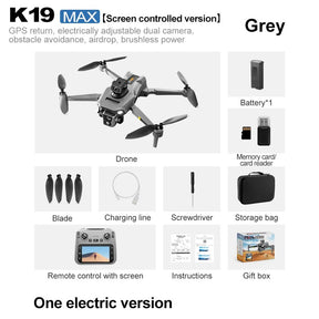 K19 Max kit: drone, battery, memory card and reader, blades, charging lead, screwdriver, storage bag, screen remote and instructions
