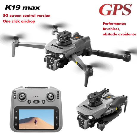 K19 Max GPS drone shown folded and unfolded with its screen remote control