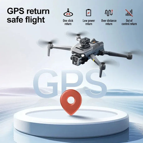 K19 Max drone over a GPS pin, showing the maker's return-to-home modes