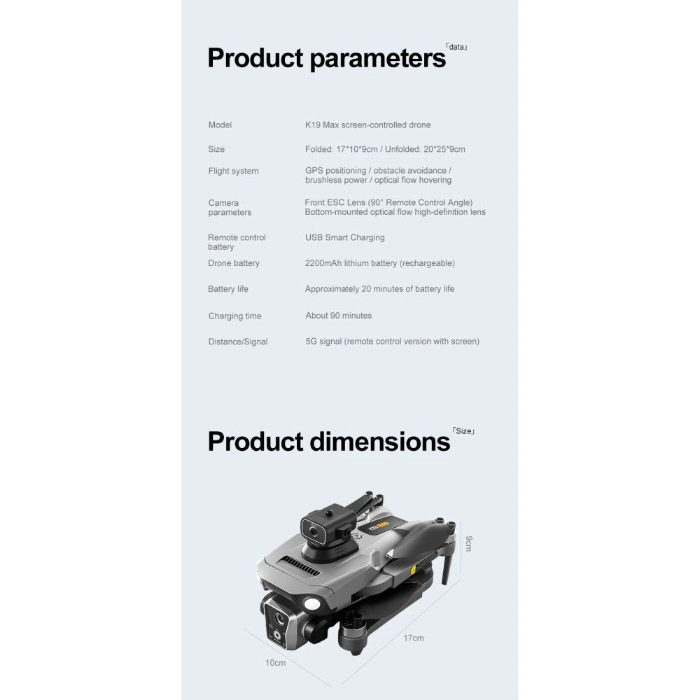 The maker's K19 Max parameter sheet: size, 2200 mAh battery, about 20 minutes, about 90 minutes to charge