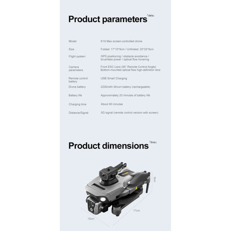 The maker's K19 Max parameter sheet: size, 2200 mAh battery, about 20 minutes, about 90 minutes to charge