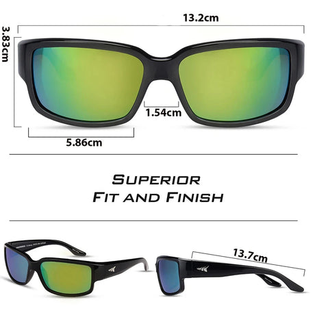 KastKing Skidaway dimensions: 13.2 cm across the front, 5.86 cm lens width, 3.83 cm lens height, 1.54 cm bridge, 13.7 cm arms