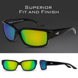 Front and side views of the gloss black KastKing Skidaway with green mirror lenses