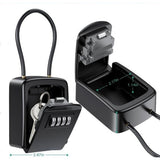 All-black cable shackle key safe shown closed with its steel cable loop and open with keys inside